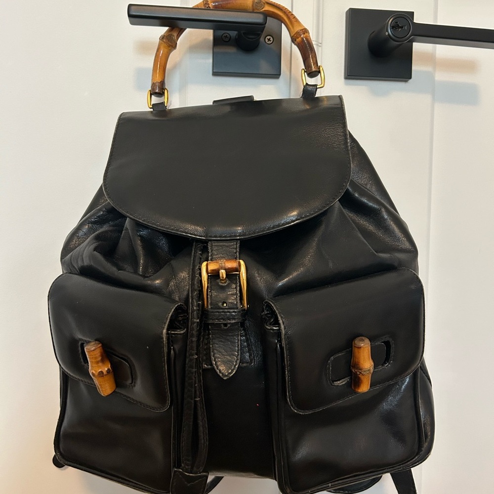 Gucci Black Leather Bamboo-Trim Backpack - Picture 2 of 9